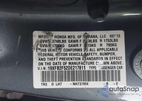 2013 Honda Civic Lx from USA, damaged, VIN 19XFB2F52DE217811